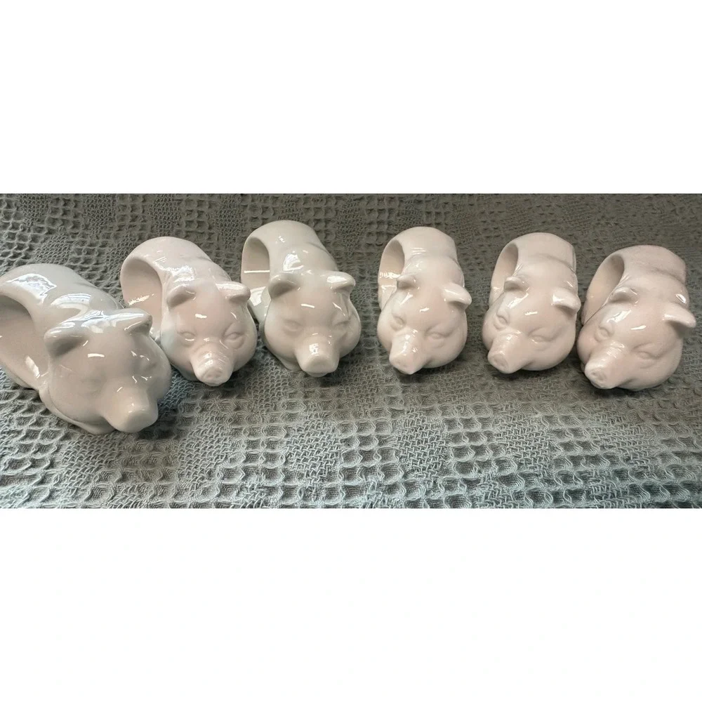Vintage White Ceramic Pig Napkin Rings Set of 6‎ Glossy Glazed Farmhouse Decor